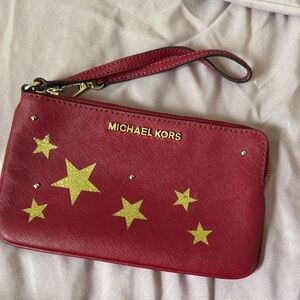 Michael Kors Red Wristlet with Gold Star Accents